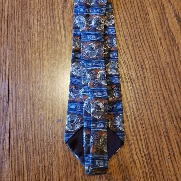 Conte Di Milano Blue, Brown & Beige Striped Geometric Silk Designer Tie - Picture 2 of 4